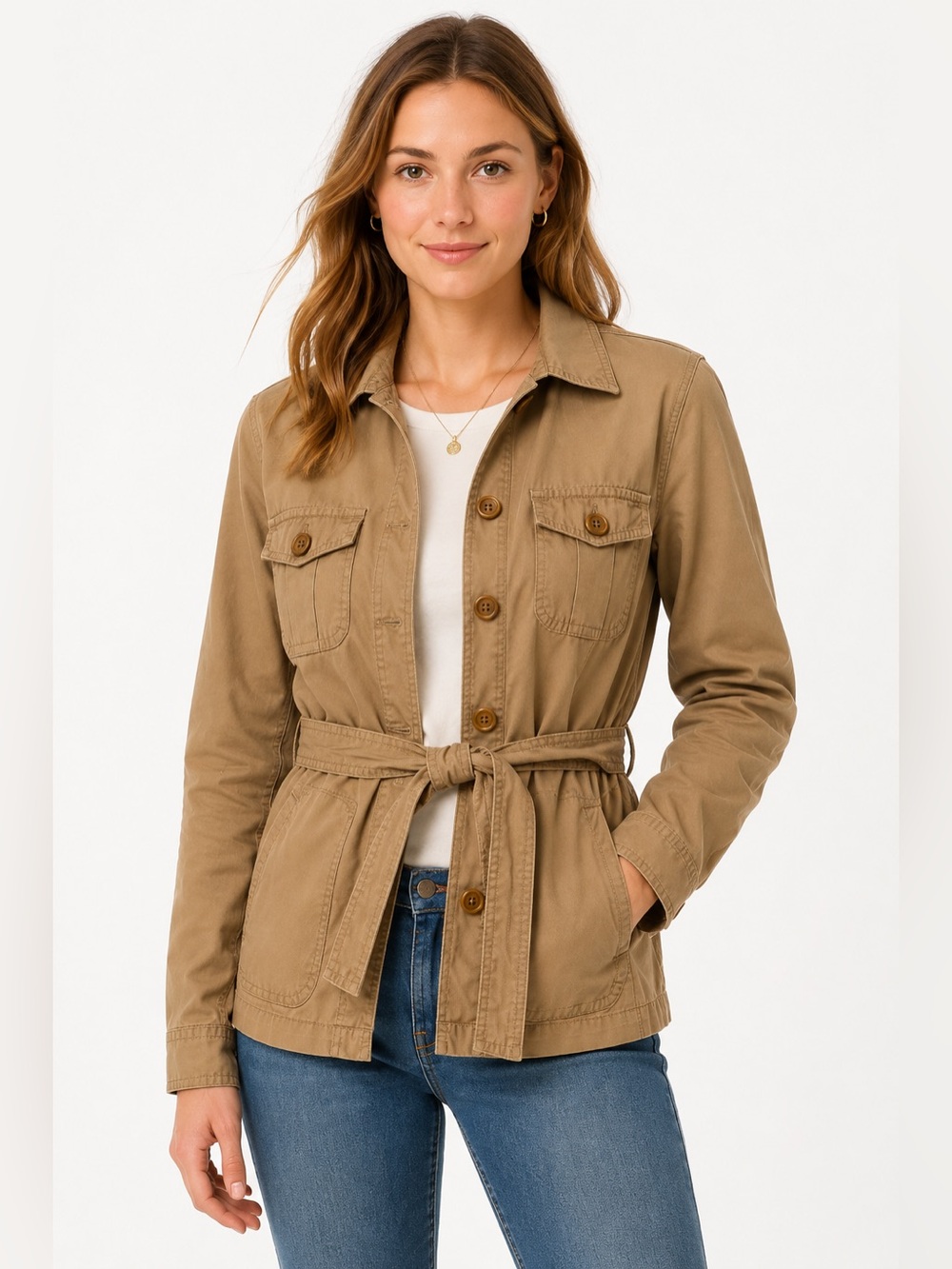 J.Crew Classic Twill Chino Utility Jacket Khaki Belted Military Safari Size S